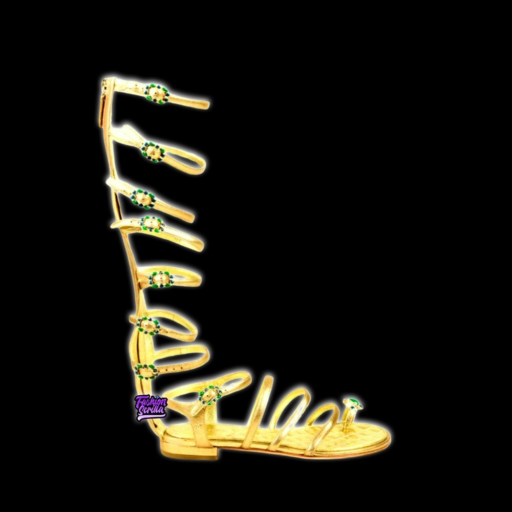 Chanel Leather Knee High Gripoix Embellished ‘CC’ Logo Gold Gladiator Sandals - Picture 5 of 12